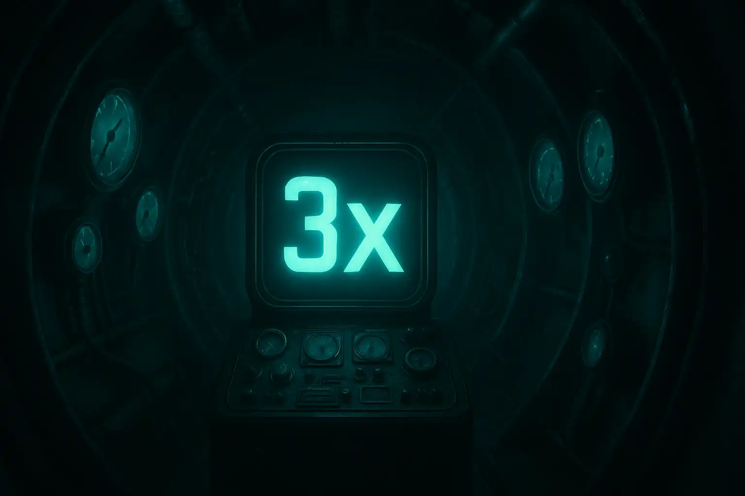 Crash game multiplier display rising on a submarine control panel surrounded by glowing pressure gauges