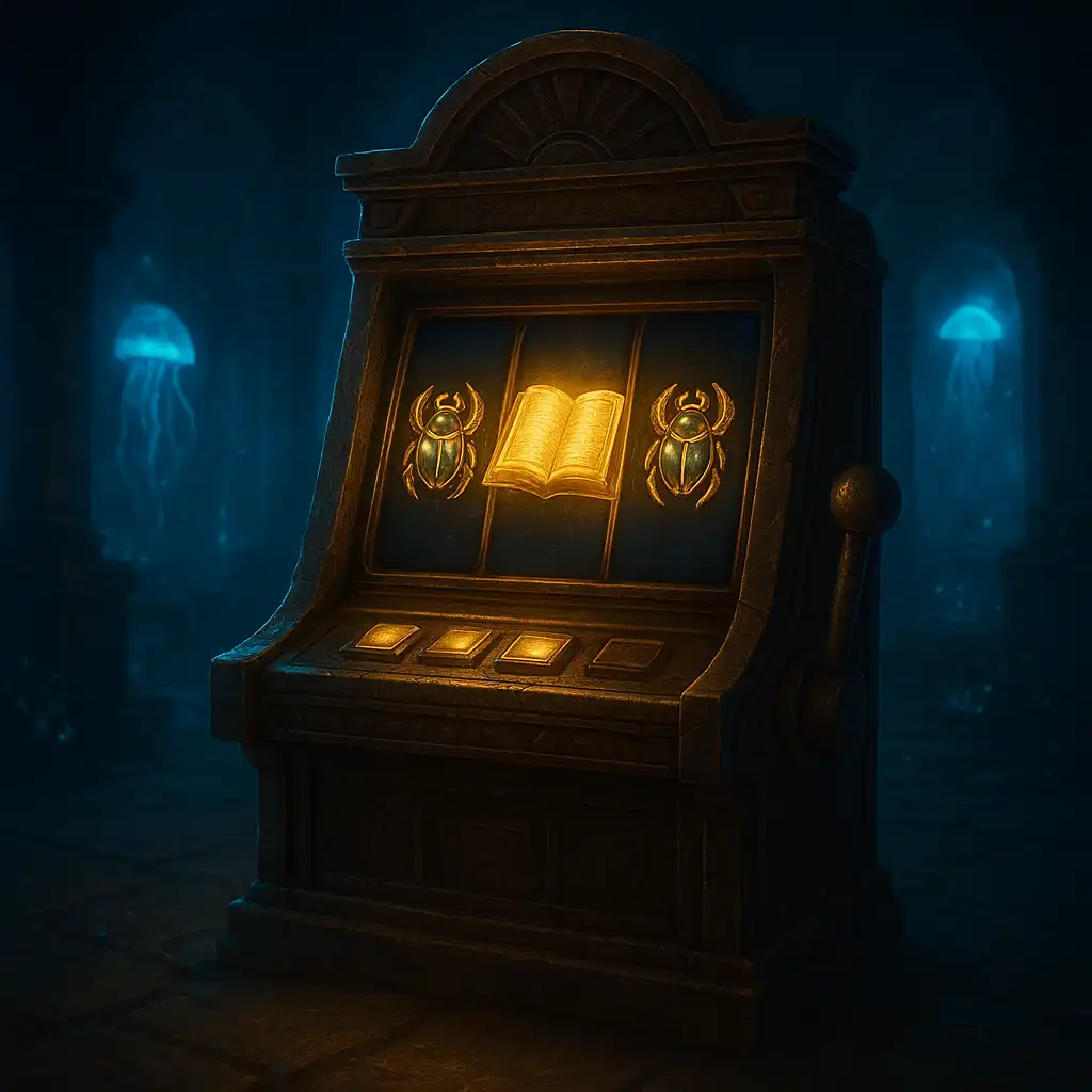 Book Of Dead slot cabinet glowing in a submarine arcade