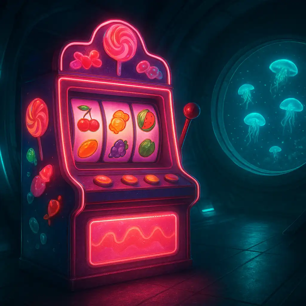 Sweet Bonanza slot reels glowing behind a submarine porthole