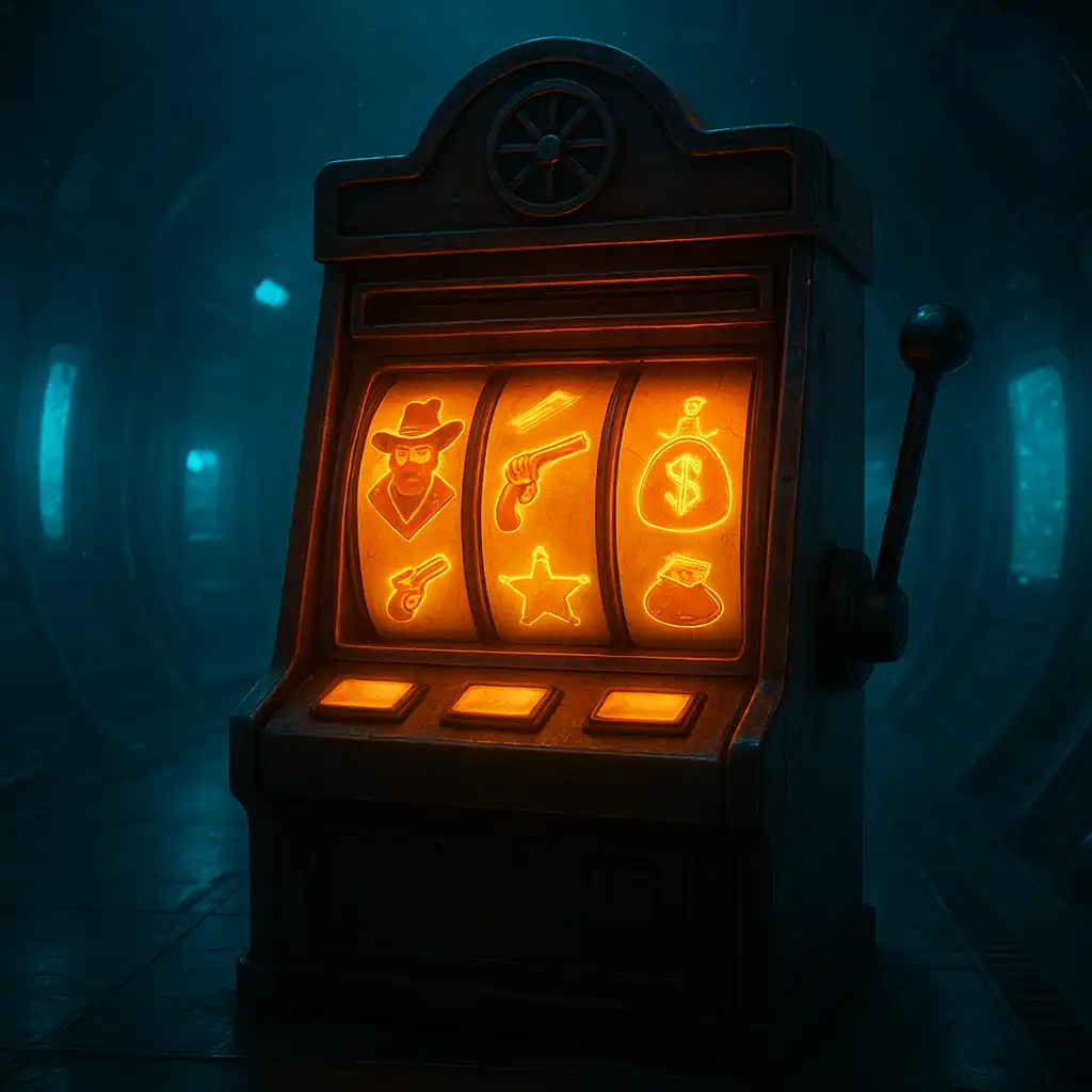 Wanted Dead or a Wild slot machine cabinet in a metallic corridor