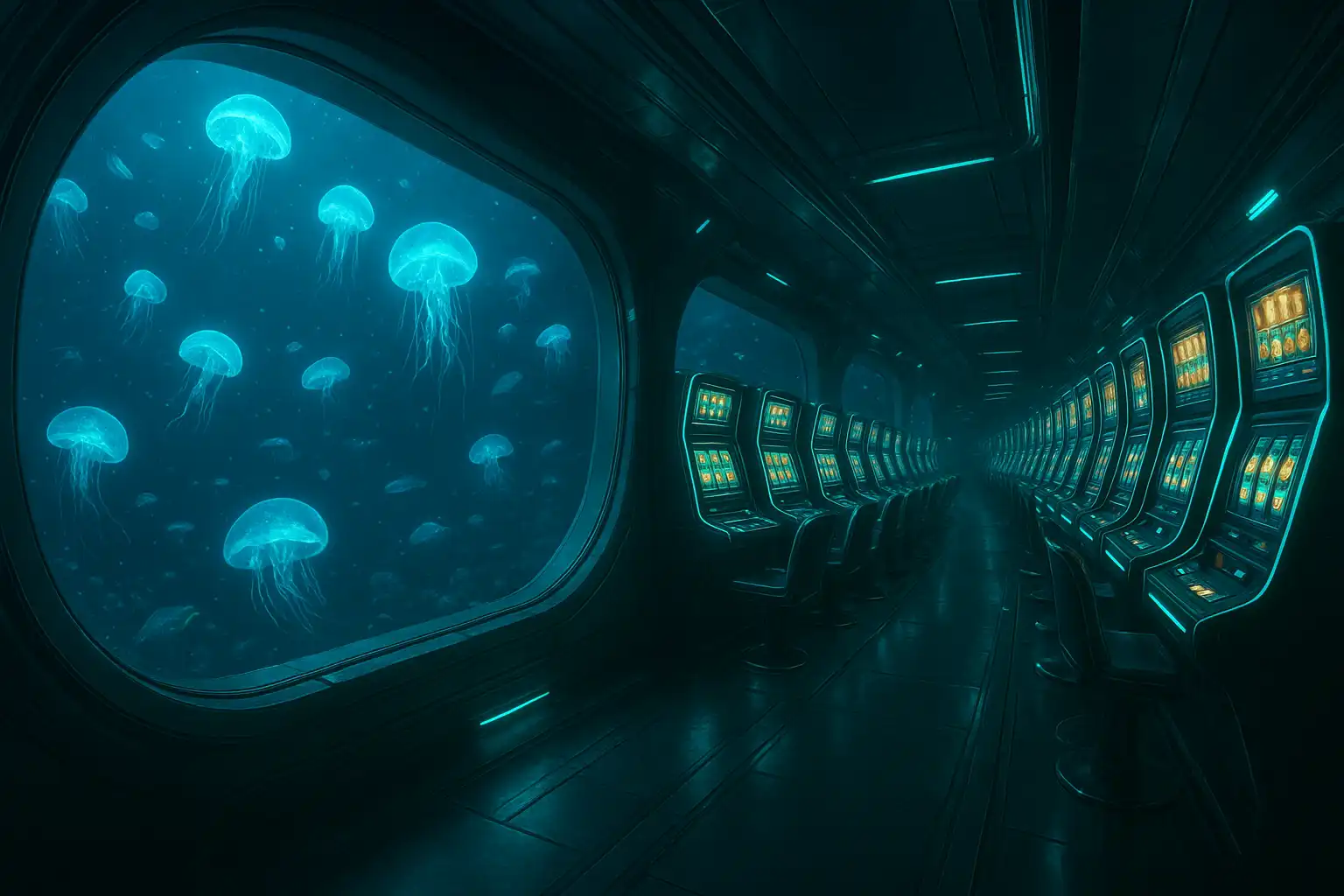 Panoramic underwater casino research station with glowing slot machines and marine life outside the observation windows