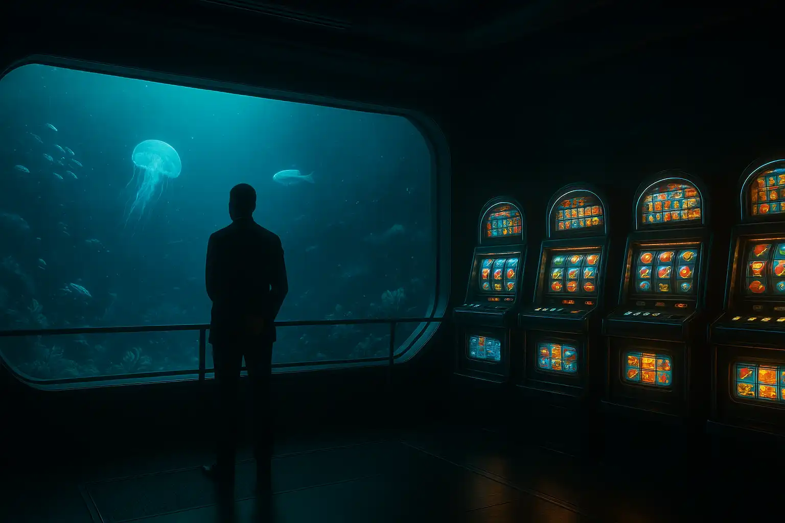 Casino review analyst standing on the observation deck of the deep sea station overlooking slot machines
