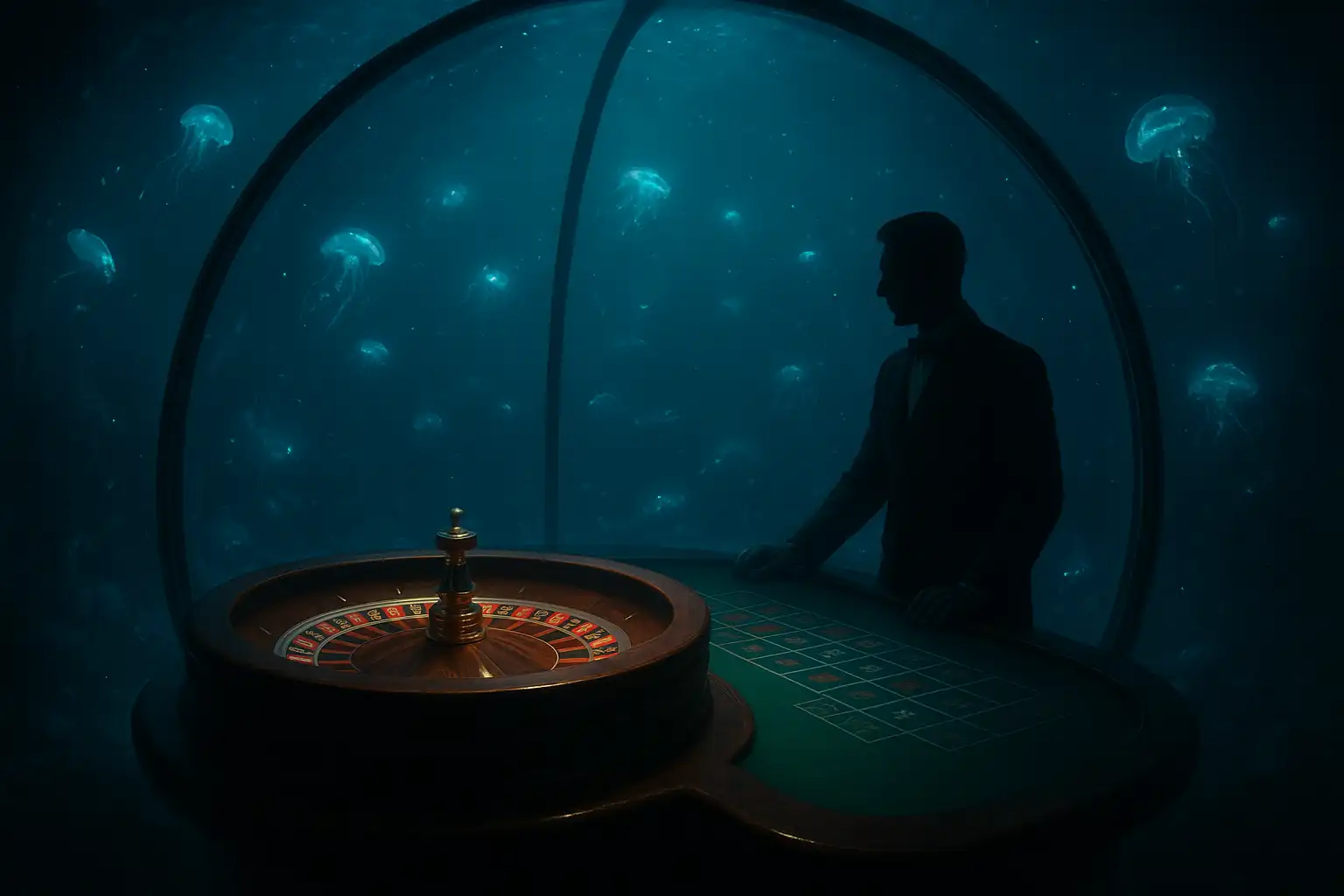 Live roulette wheel spinning inside a glass observation dome surrounded by deep sea lighting