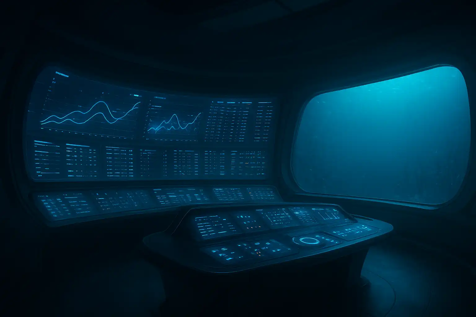 Sportsbook betting terminal on the deep sea station bridge with live match data on curved screens